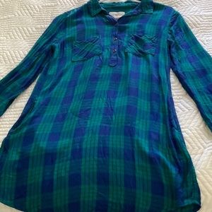 Blue and green plaid long sleeve dress with pockets